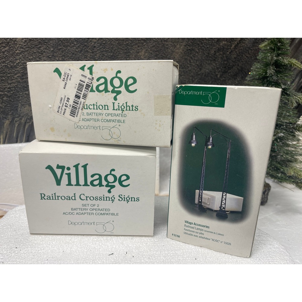 Dept 56 Village Accessories 3pc Bundle RAILROAD Crossing Signs Lamps Lights